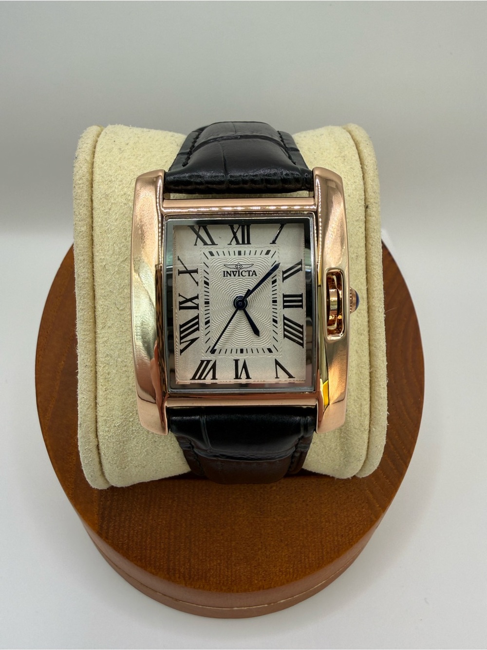 Invicta Rose Gold-Tone Case Black Leather Strap Rectangular Watch